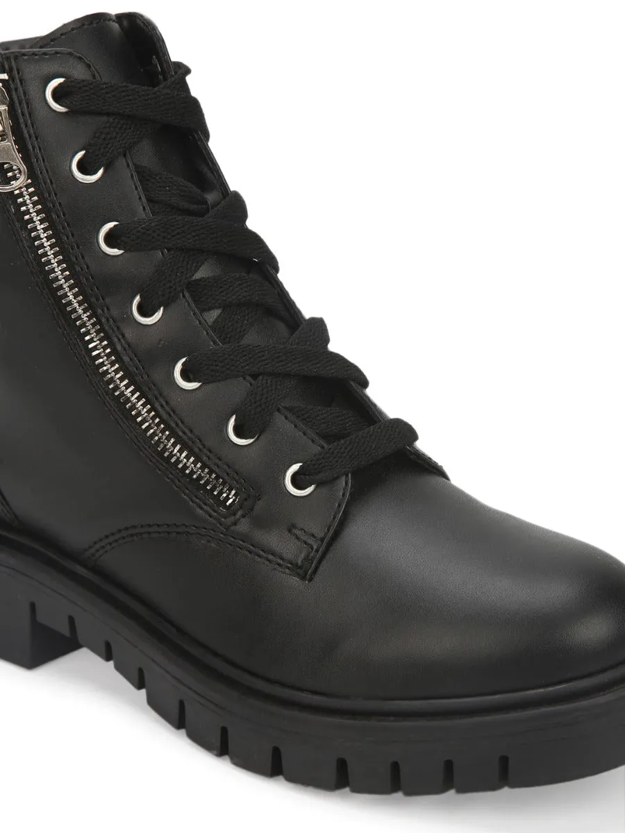 Black PU Lace Up Cleated Bottom Ankle Boots