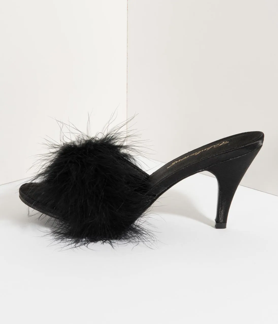 Black Satin & Marabou Feather Peep Toe Amour Heel Slipper