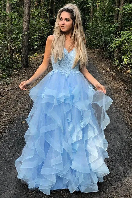 Blue V Neck Applique Long Prom Dresses with Ruffles,Gala Dresses Elegant