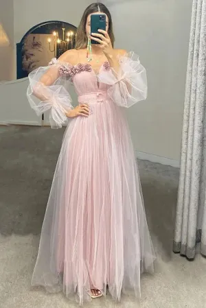 Blush Pink Off-shoulder Puffy Sleeves Tulle Princess Long Prom Dress,Special Occasion Dresses