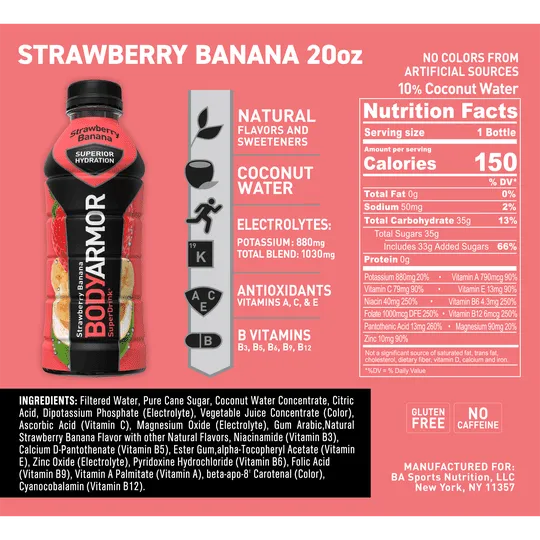 BODYARMOR Sports Drink Strawberry Banana, 20 fl oz, 6 Pack