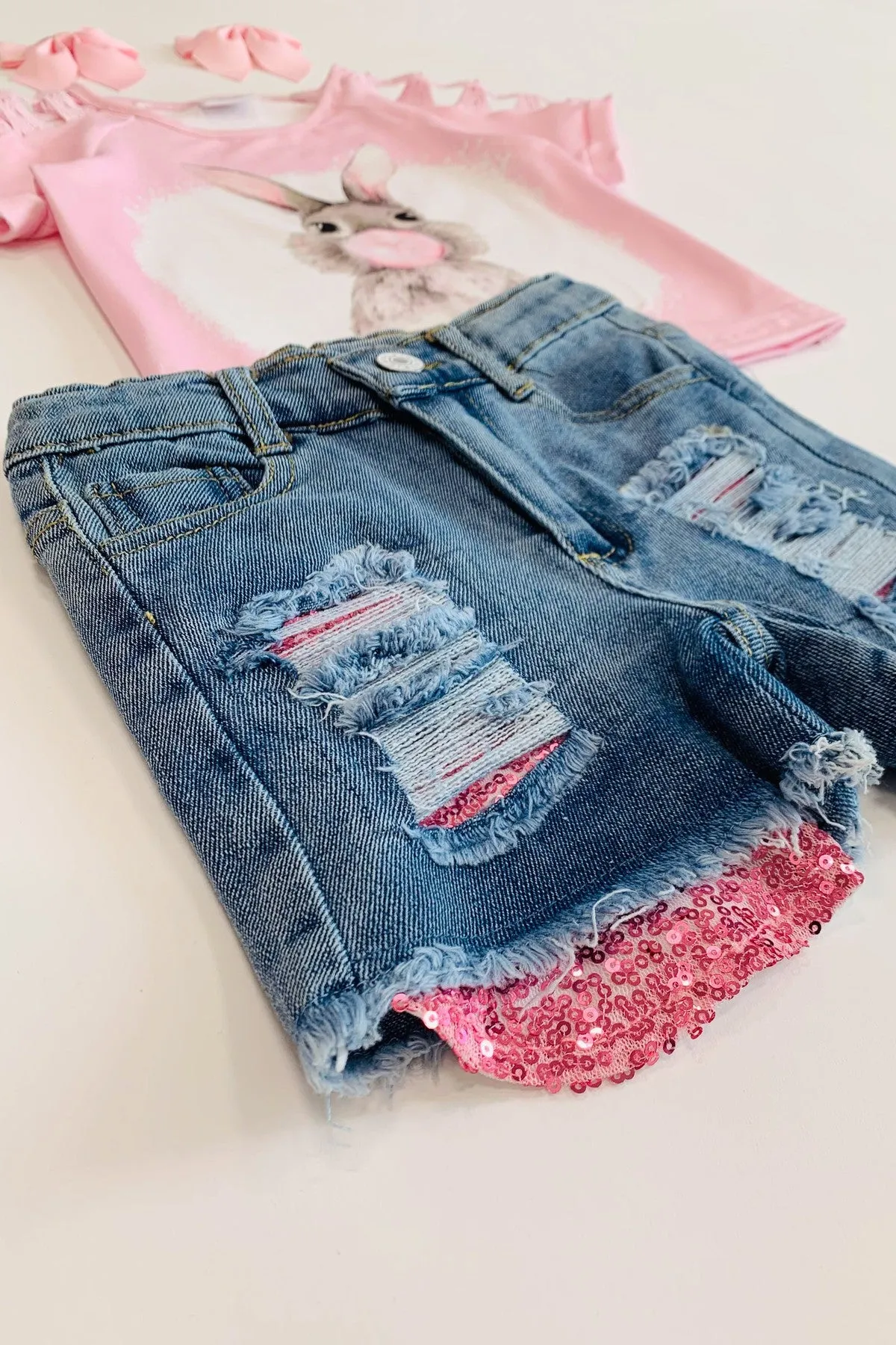 Bubblegum Bunny Distressed Denim Short Set