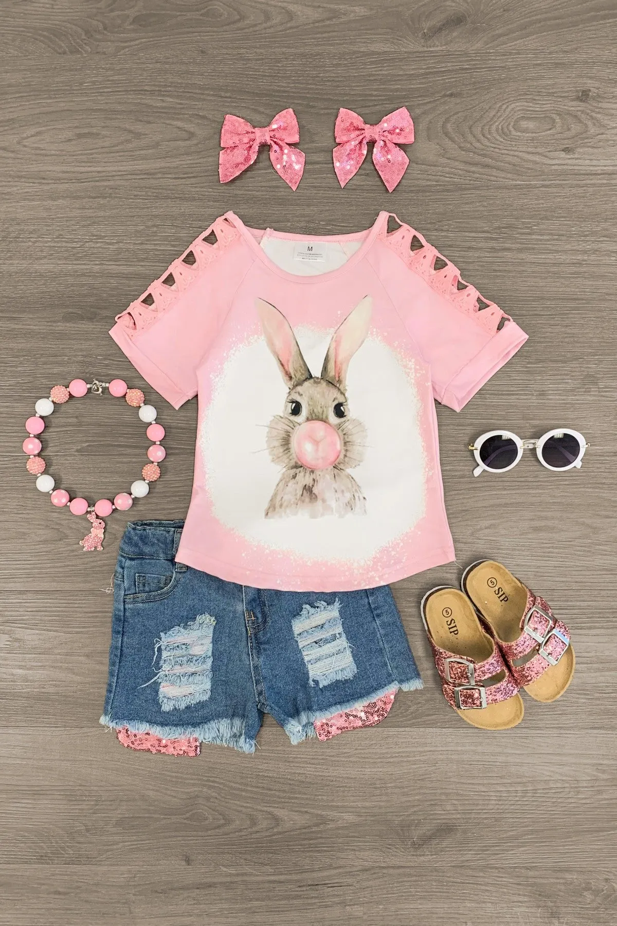 Bubblegum Bunny Distressed Denim Short Set