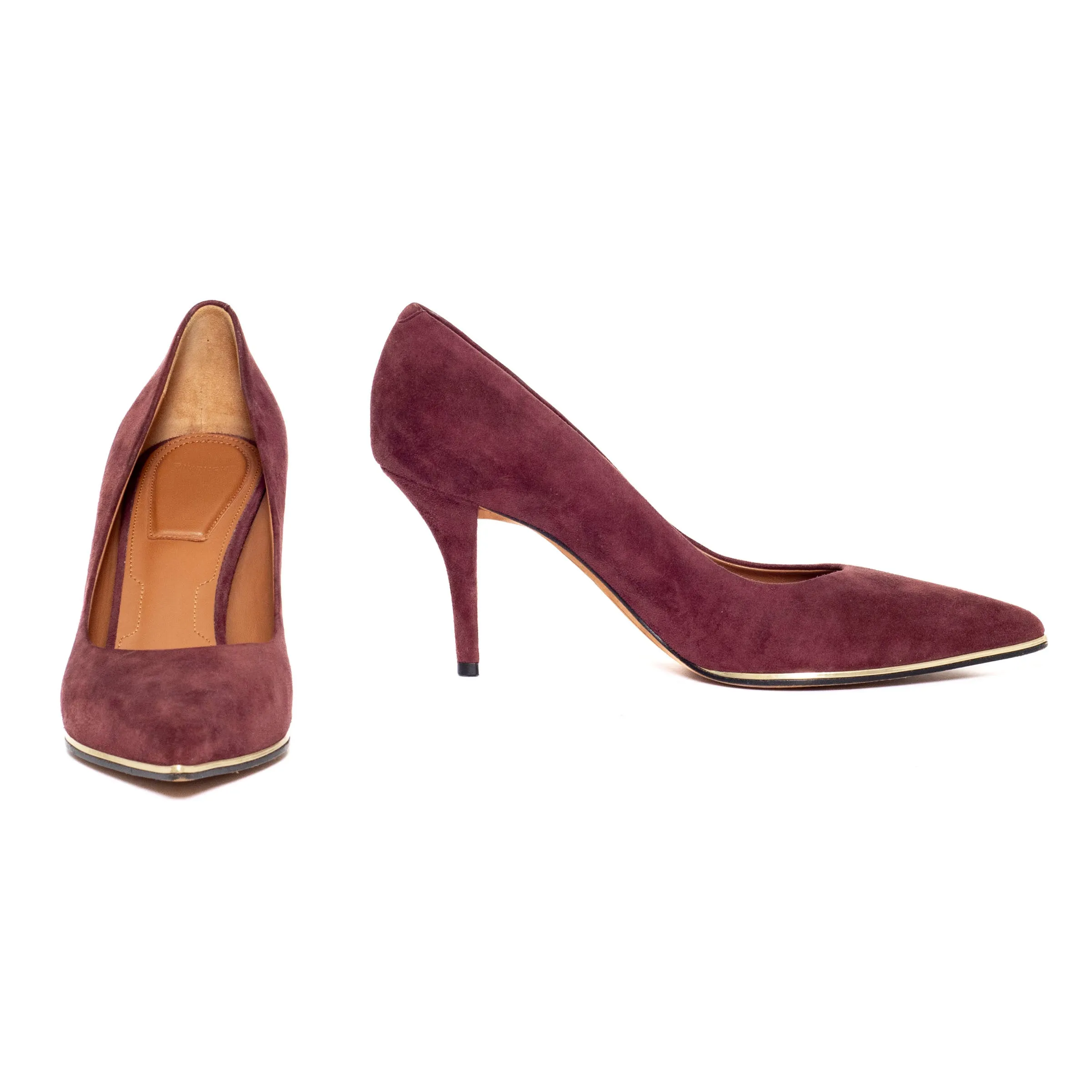 Burgundy and Gold Trim Suede Pumps 40