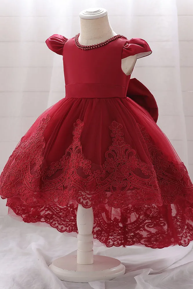 Burgundy Cap Sleeves High Low Flower Girl Dress with Lace Appliques UQF0006