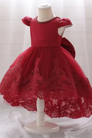 Burgundy Cap Sleeves High Low Flower Girl Dress with Lace Appliques UQF0006