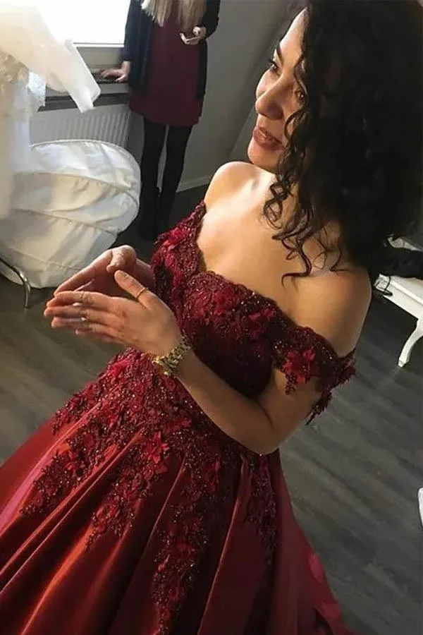 Burgundy Prom Dress Satin Ball Gown Off-The-Shoulder With Applique PM226