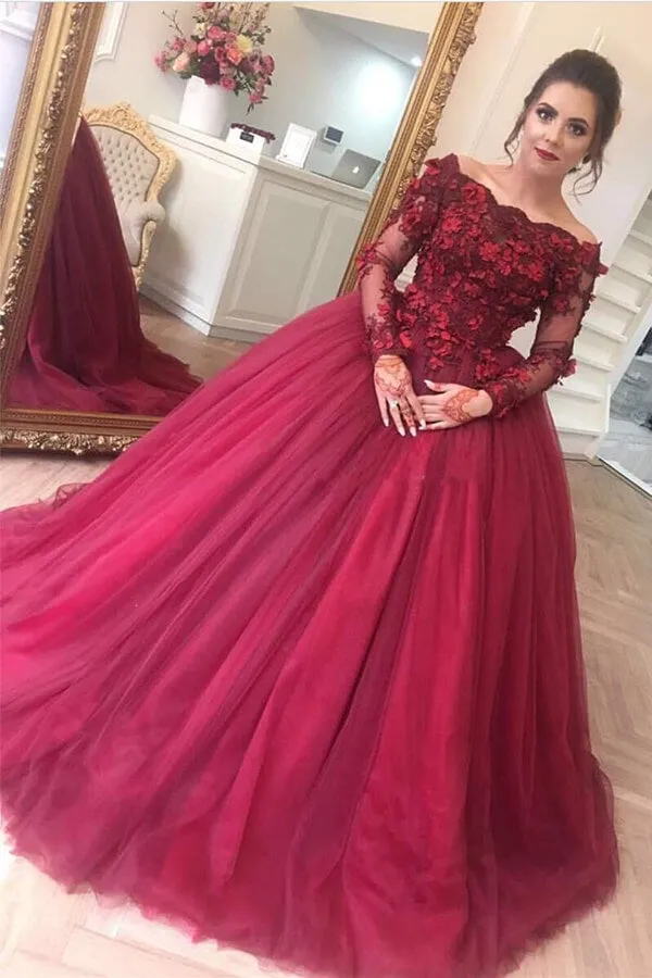 Burgundy Tulle Ball Gown Off-the-Shoulder Long Sleeves Prom Dresses