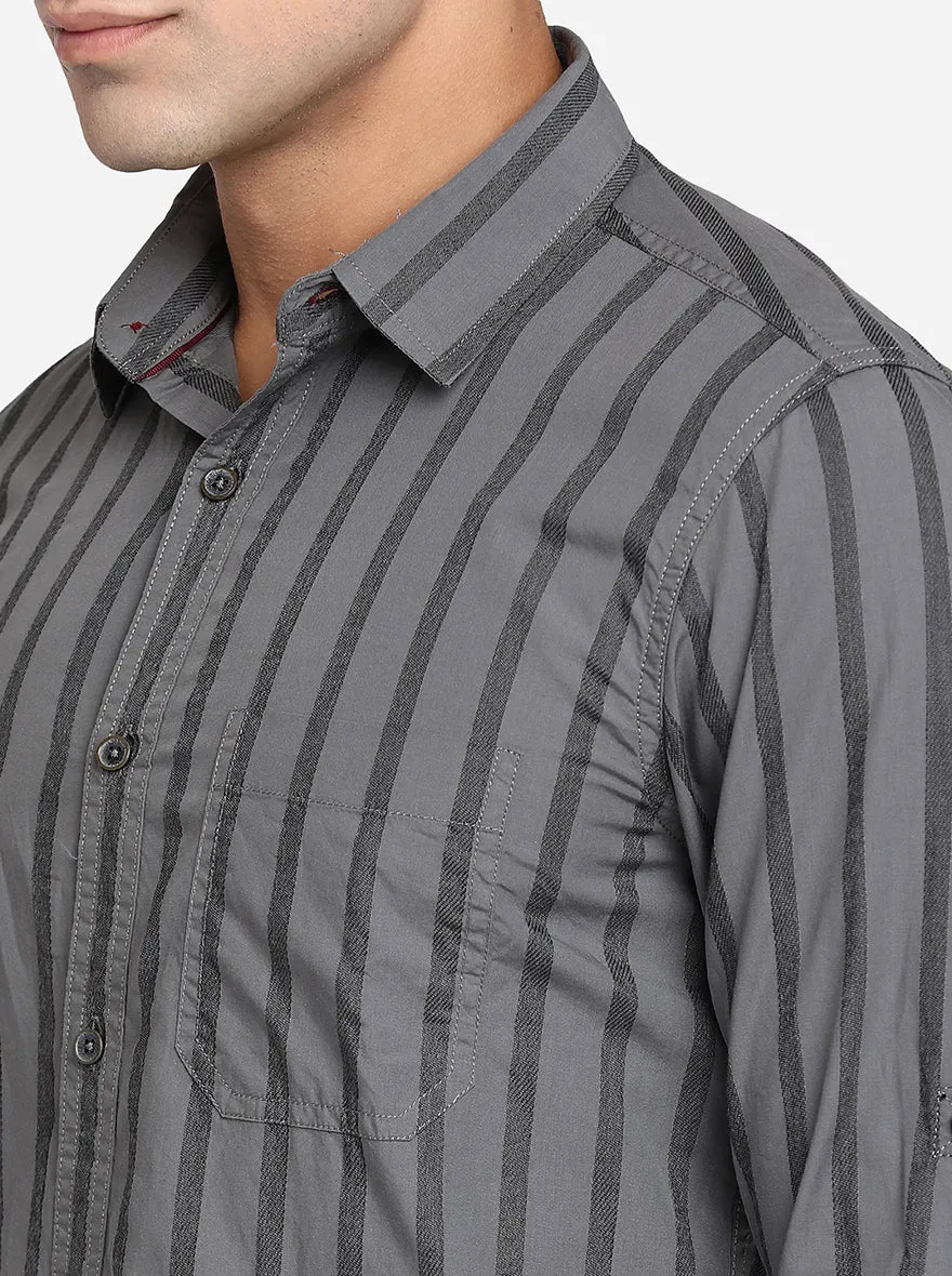 Charcoal Grey Striped Slim Fit Semi Casual Shirt | JadeBlue