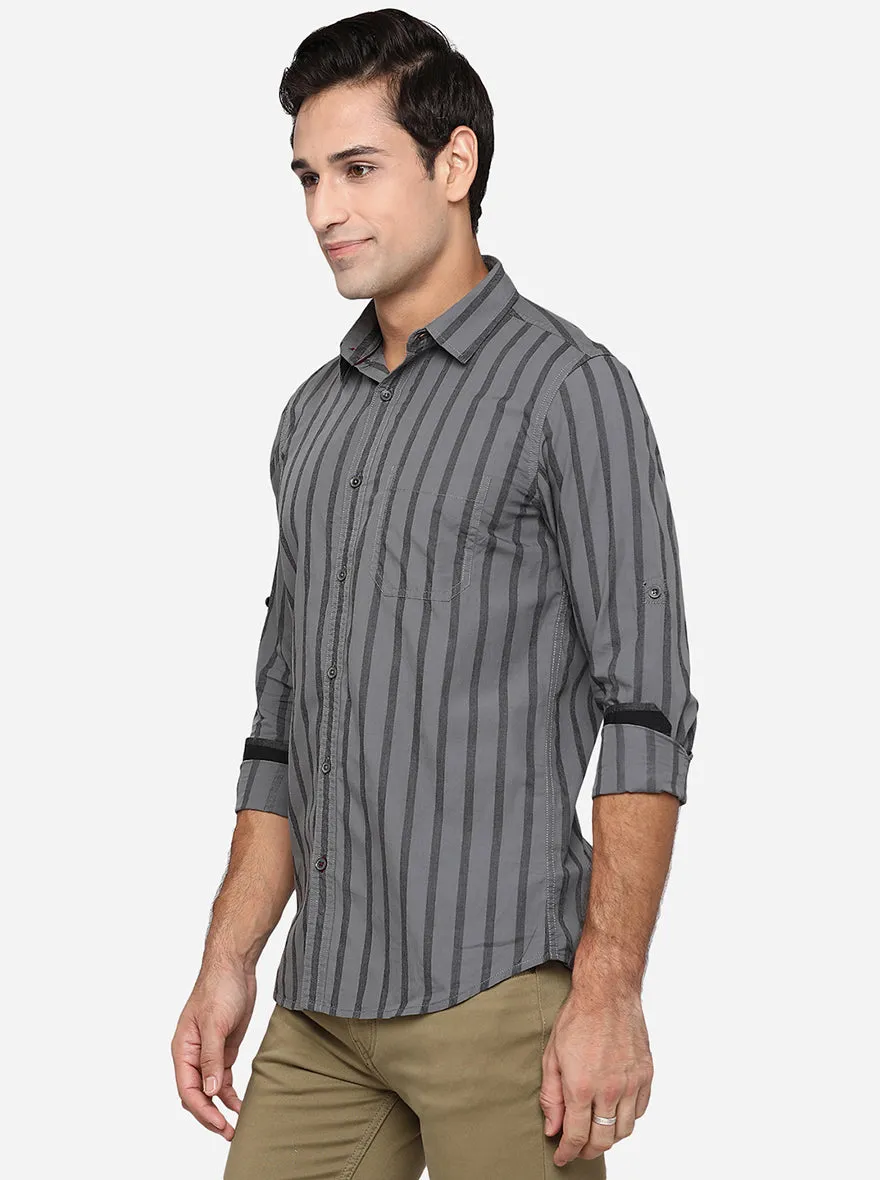 Charcoal Grey Striped Slim Fit Semi Casual Shirt | JadeBlue