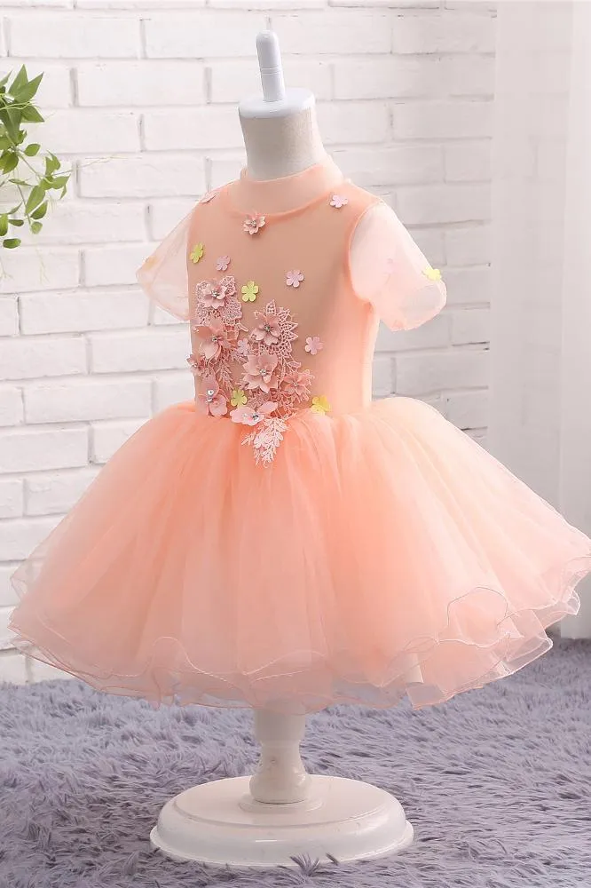 Cute Peach Short Flower Girl Dresses For Weddings High Neck Short Sleeves Dress UF062