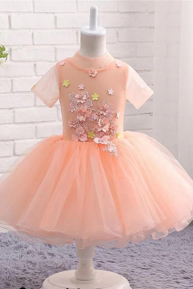 Cute Peach Short Flower Girl Dresses For Weddings High Neck Short Sleeves Dress UF062