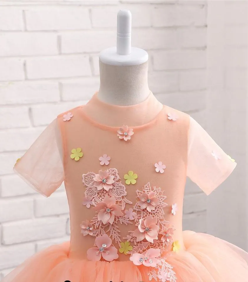 Cute Peach Short Flower Girl Dresses For Weddings High Neck Short Sleeves Dress UF062