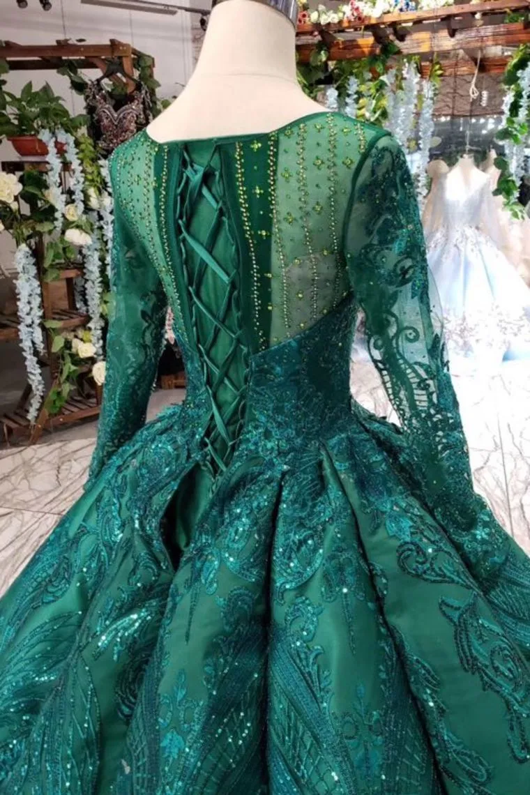 Dark Green Long Sleeves Ball Gown Prom Dress with Beads, Quinceanera Dress UQ1713