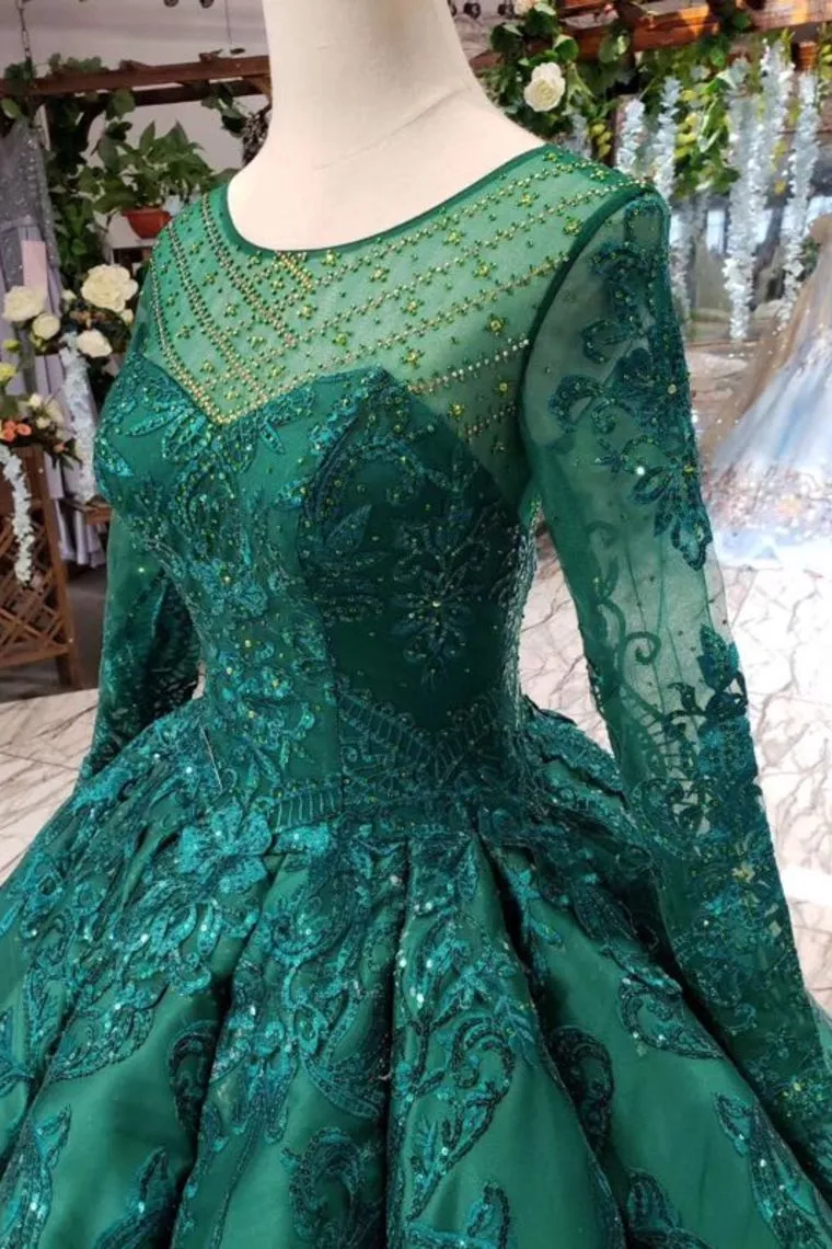 Dark Green Long Sleeves Ball Gown Prom Dress with Beads, Quinceanera Dress UQ1713