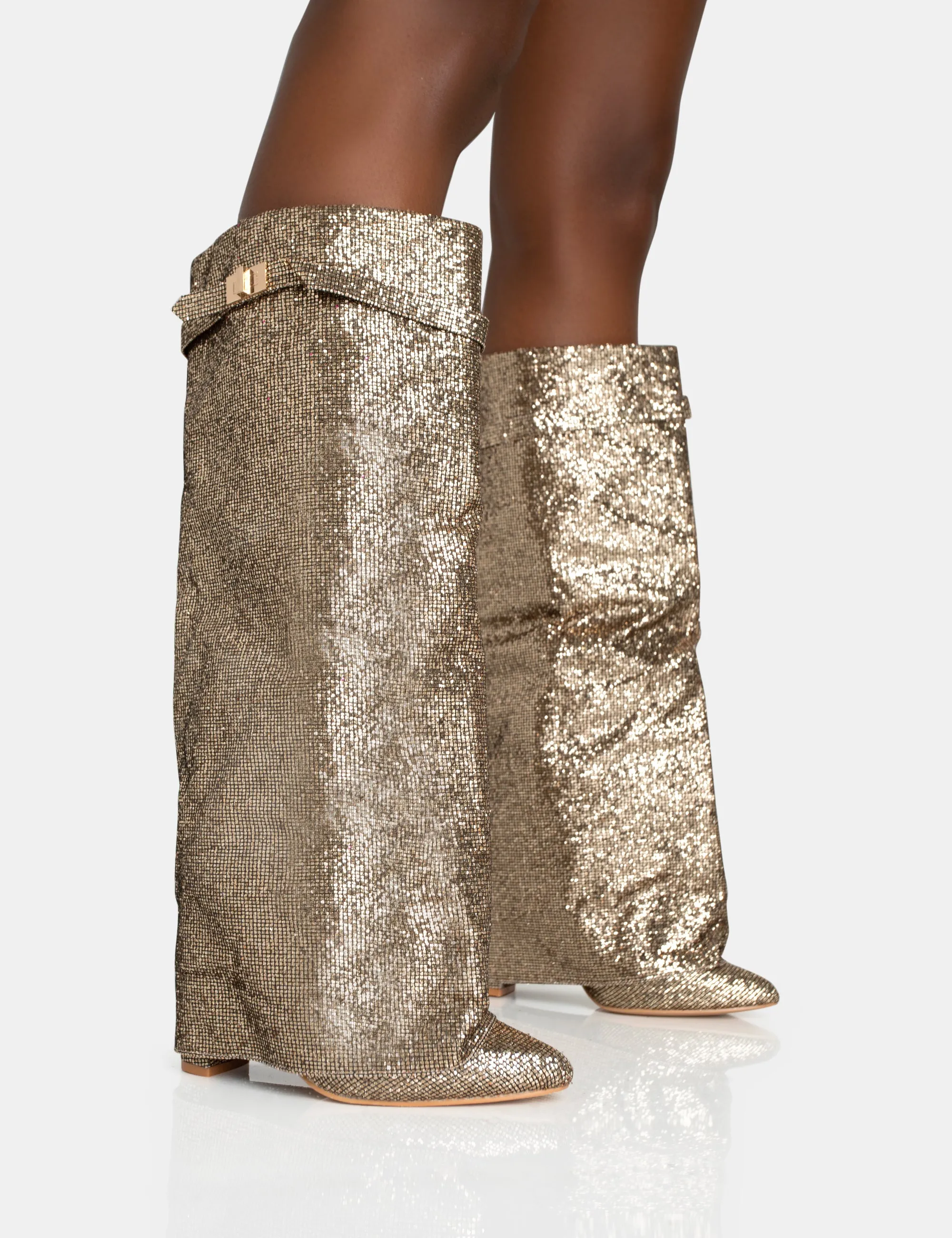 Echo Gold Glitter Twist Lock Detail Fold Over Pointed Toe Knee High Boots