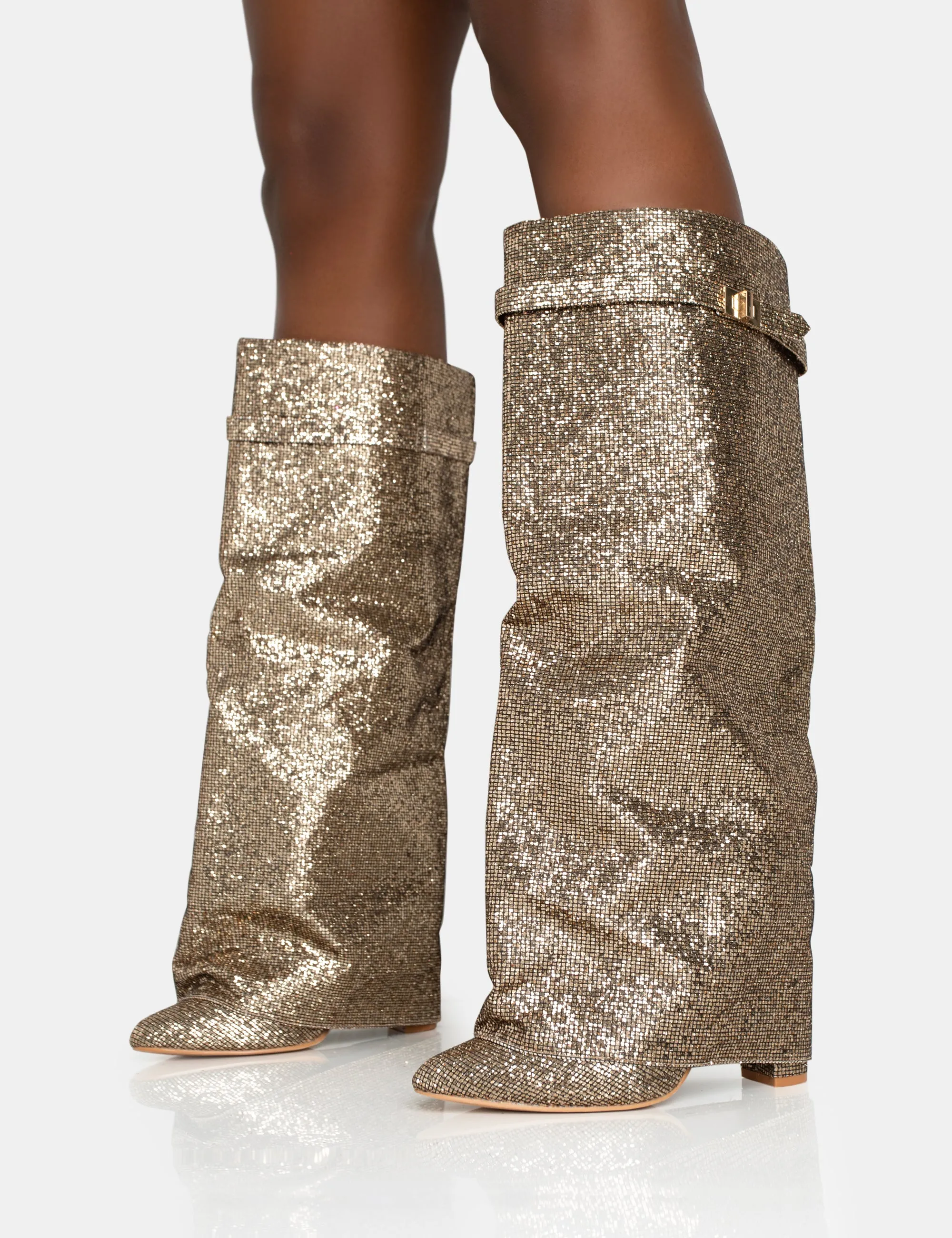 Echo Gold Glitter Twist Lock Detail Fold Over Pointed Toe Knee High Boots