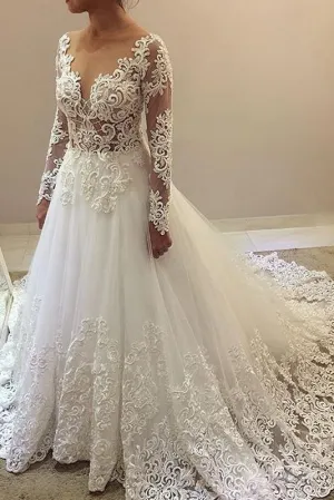 Elegant Beading Lace Long Sleeve Sheer Neck Ball Gown Wedding Dress N1796