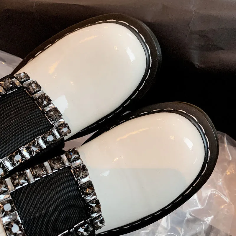 Ely White Flat Rhinestone Ankle Boots