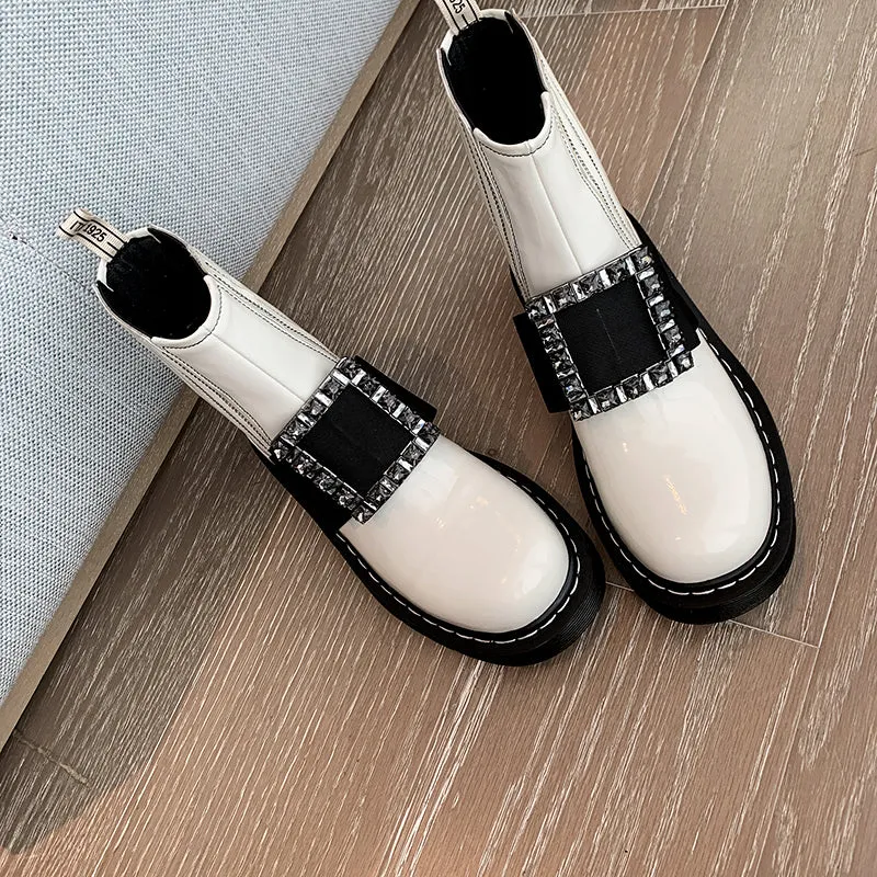 Ely White Flat Rhinestone Ankle Boots