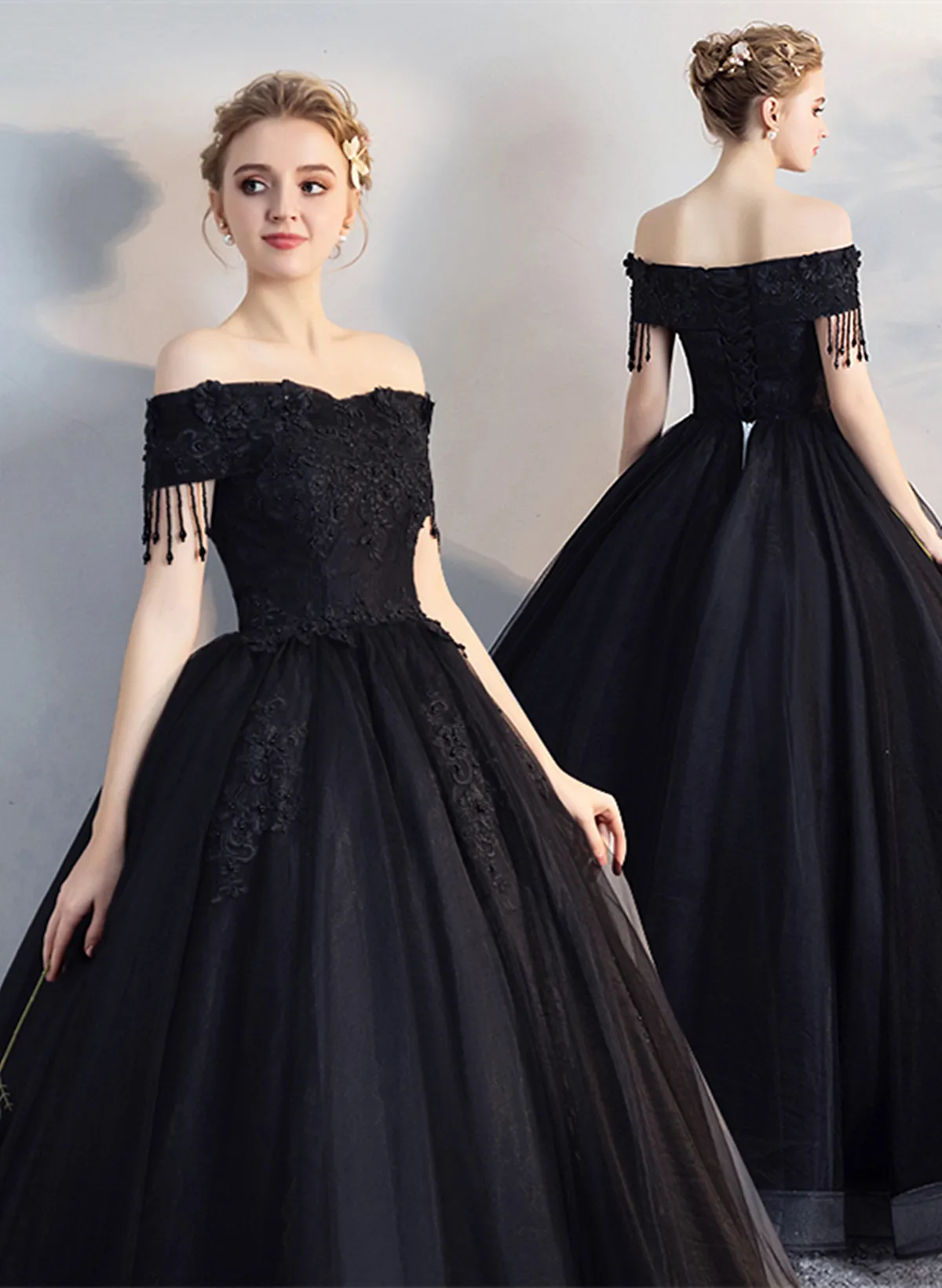 Glam Tulle with Lace Applique Off Shoulder Sweet 16 Dress, Ball Gown Formal Dress