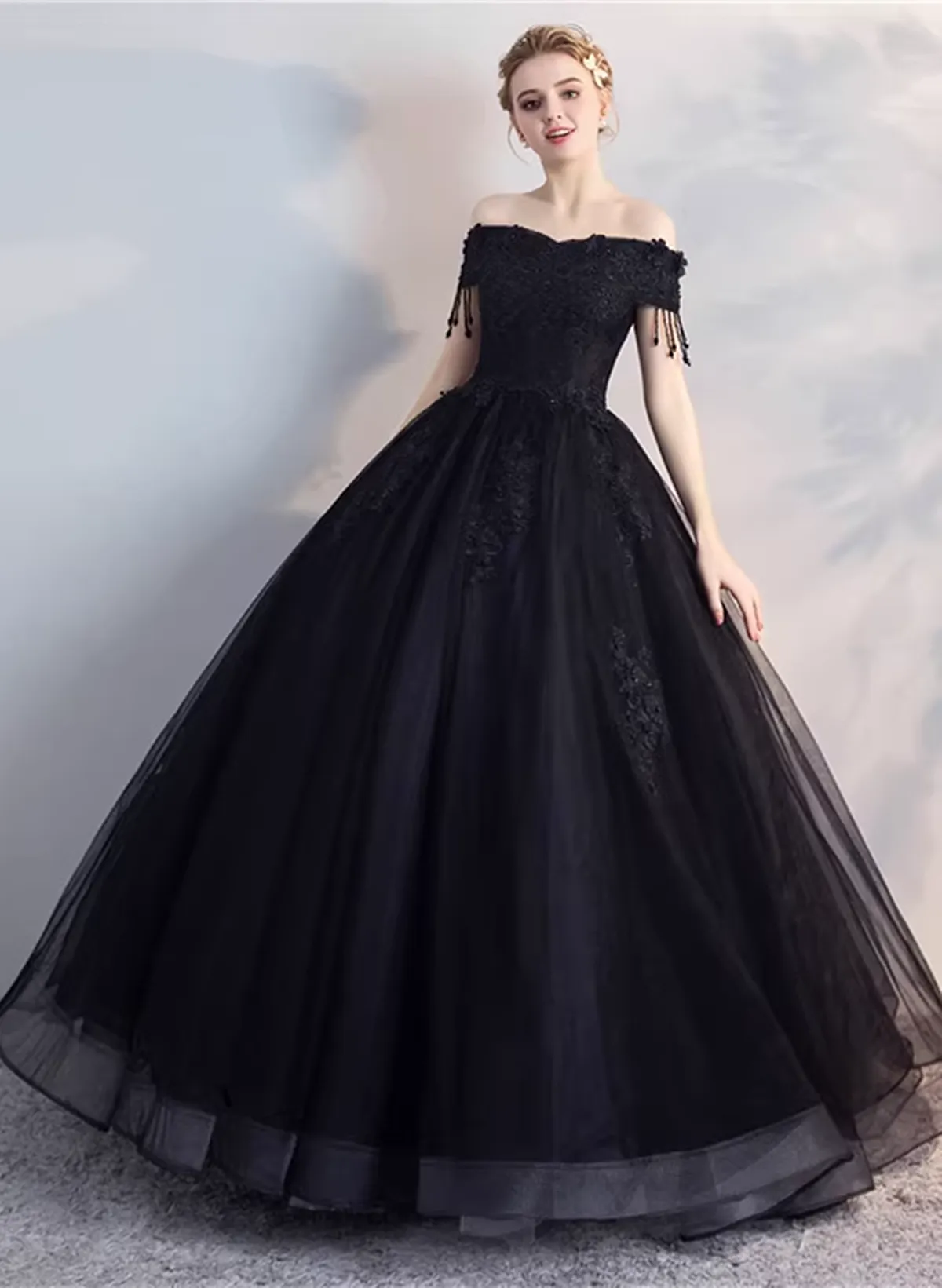 Glam Tulle with Lace Applique Off Shoulder Sweet 16 Dress, Ball Gown Formal Dress