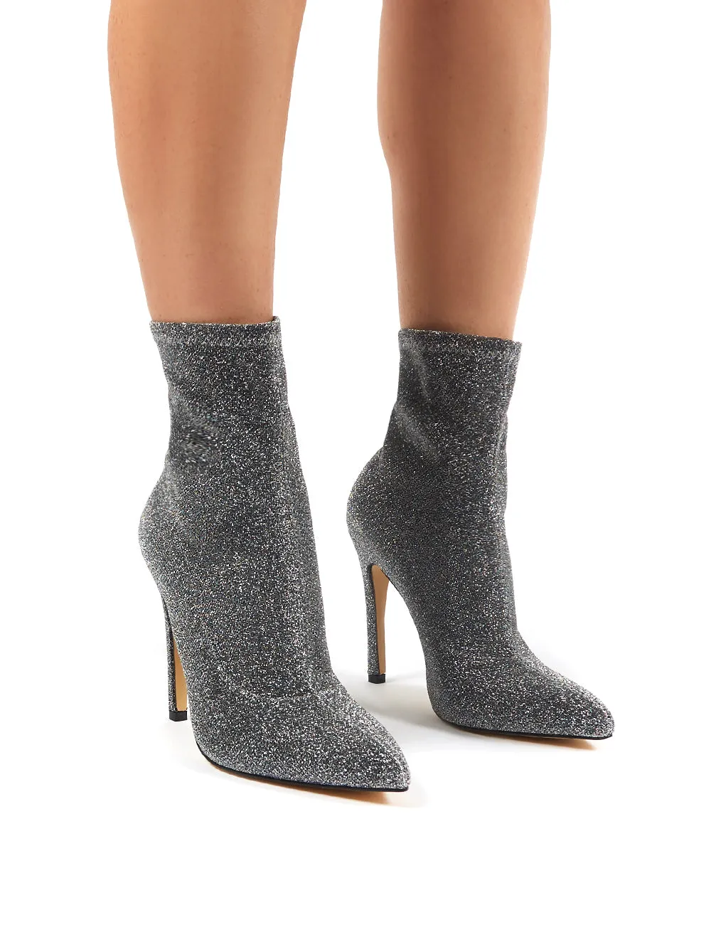 Glitz Silver Glitter Sock Ankle Boot Heels