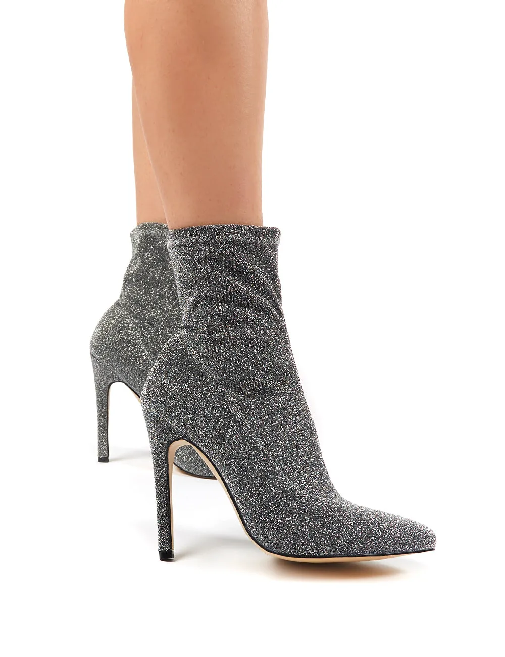 Glitz Silver Glitter Sock Ankle Boot Heels