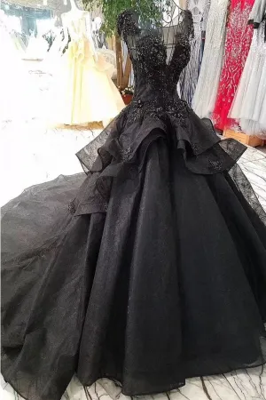 Gorgeous Black Ball Gown Wedding Dress with Cap Sleeves, Long Bridal Dress with Beads UQ1891