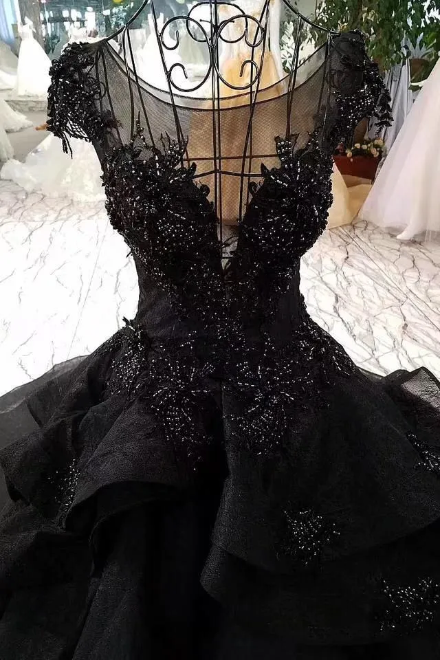 Gorgeous Black Ball Gown Wedding Dress with Cap Sleeves, Long Bridal Dress with Beads UQ1891