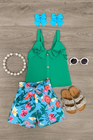 Green & Blue Tropical Floral Tie Short Set