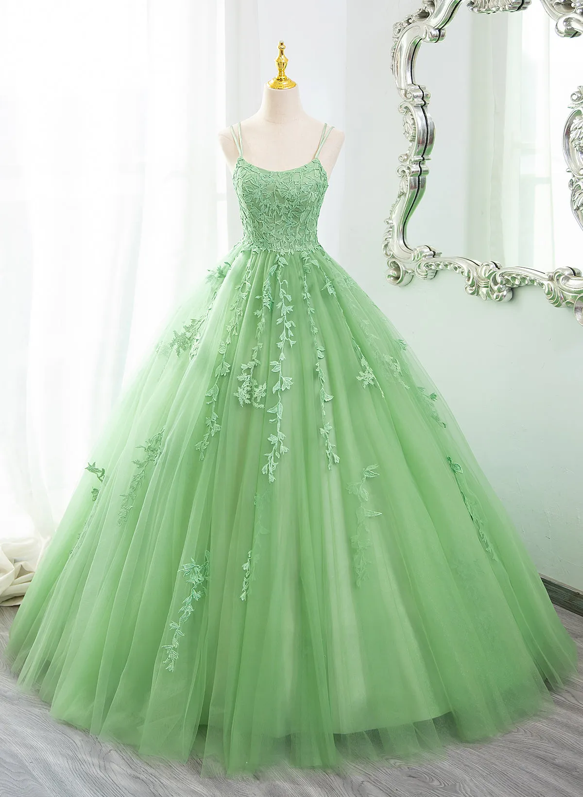 Green Ball Gown Scoop Straps Tulle Long Prom Dress, Green Tulle Formal Dress