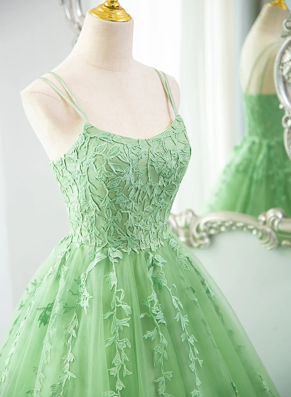 Green Ball Gown Scoop Straps Tulle Long Prom Dress, Green Tulle Formal Dress