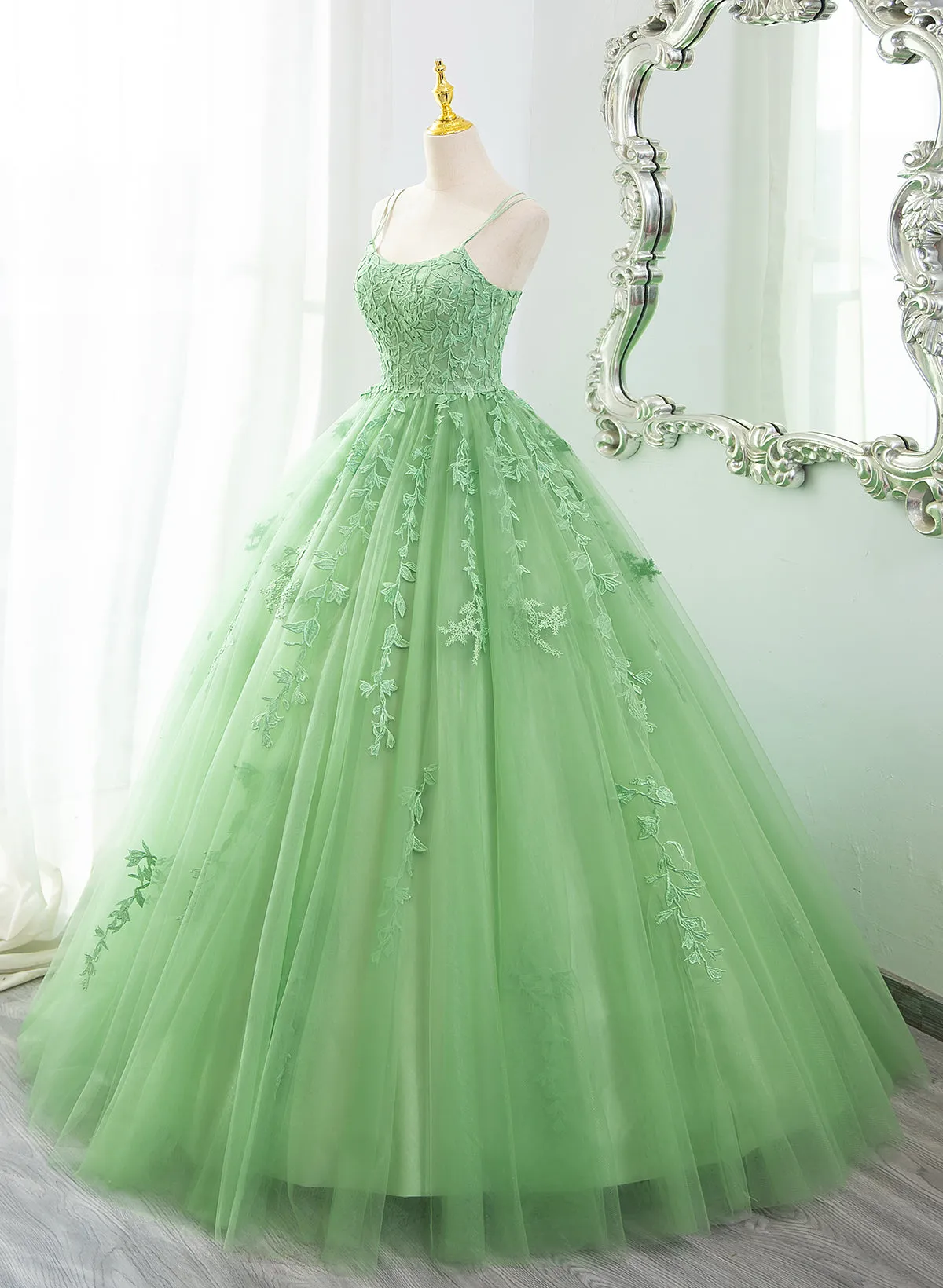 Green Ball Gown Scoop Straps Tulle Long Prom Dress, Green Tulle Formal Dress