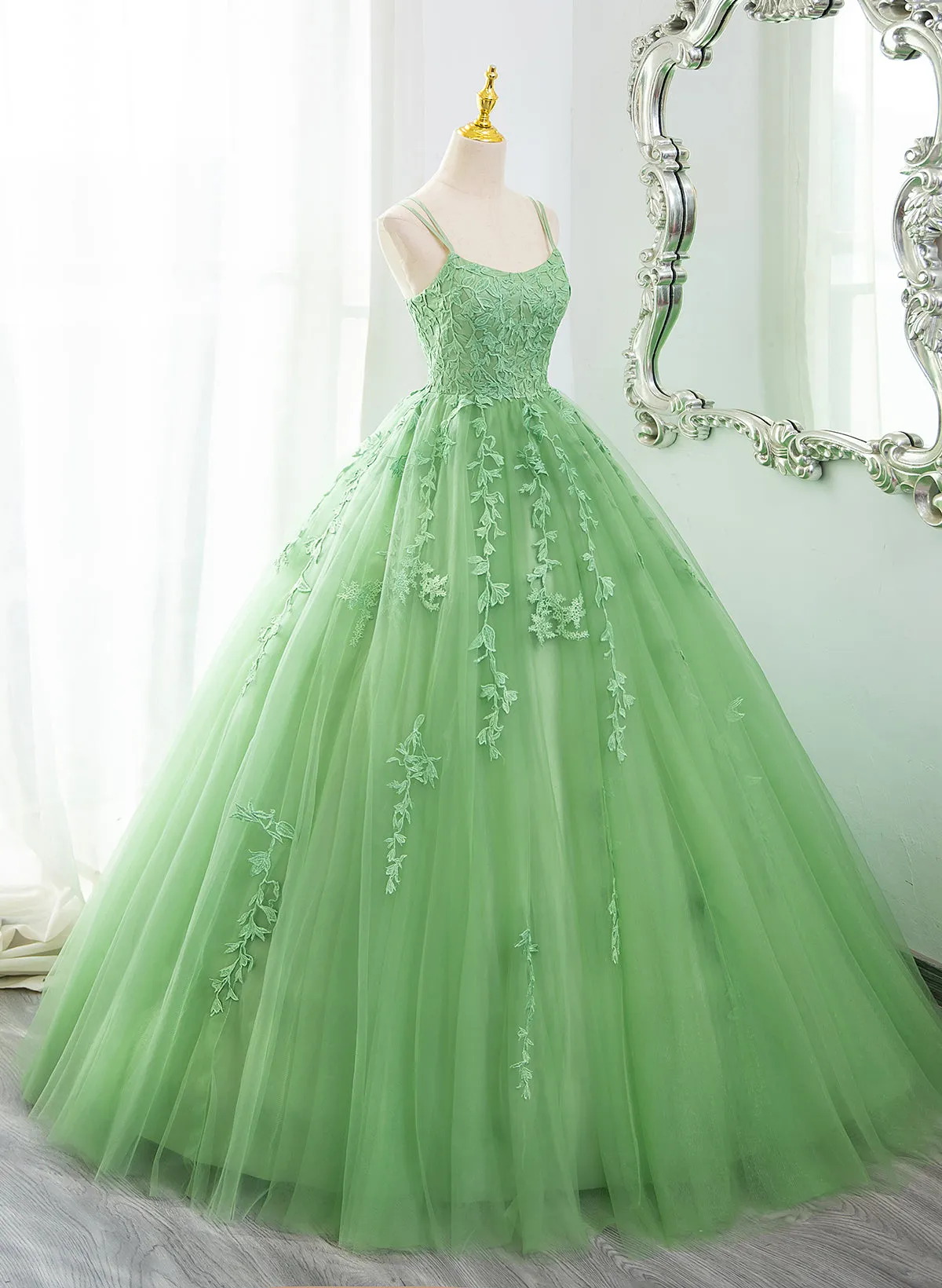 Green Ball Gown Scoop Straps Tulle Long Prom Dress, Green Tulle Formal Dress