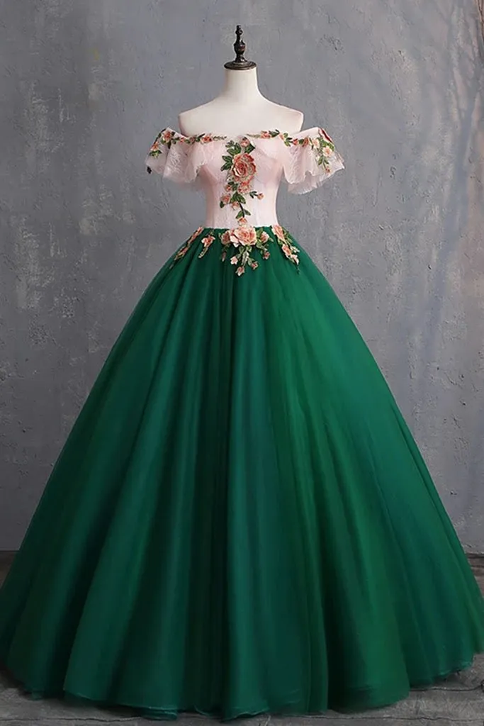 Green Off the Shoulder Floor Length Prom Dress with Appliques, Puffy Quinceanera Dress UQ2299