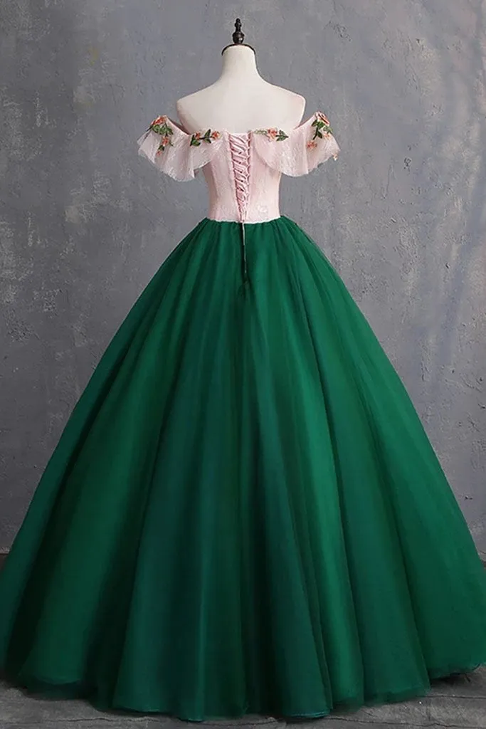 Green Off the Shoulder Floor Length Prom Dress with Appliques, Puffy Quinceanera Dress UQ2299