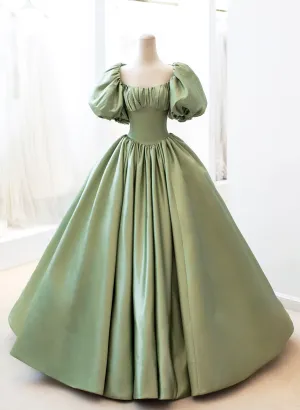 Green Satin Short Sleeves Ball Gown Long Formal Dress, Green Sweet 16 Dress