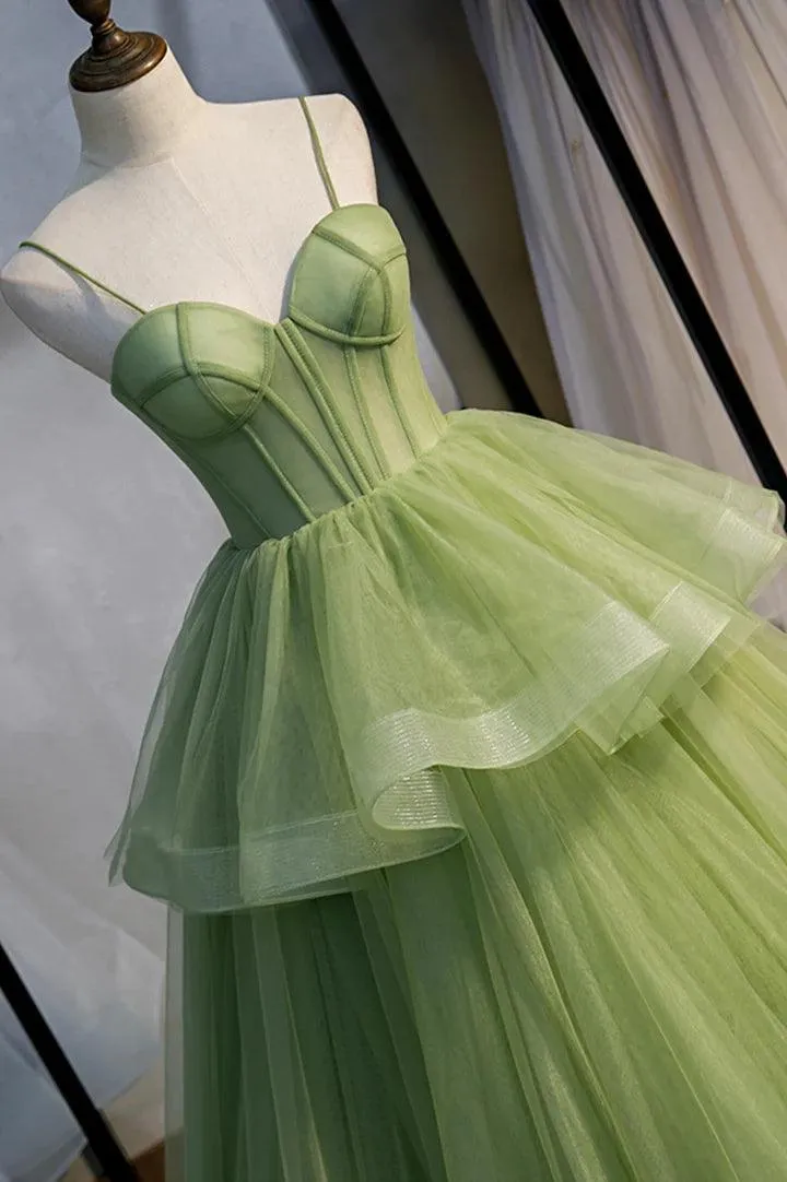 Green Tulle Long Prom Dresses A-Line Evening Dresses with Train  PSK418