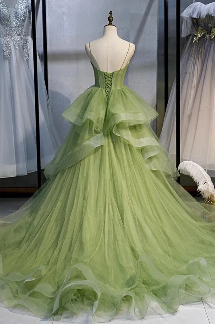 Green Tulle Long Prom Dresses A-Line Evening Dresses with Train  PSK418