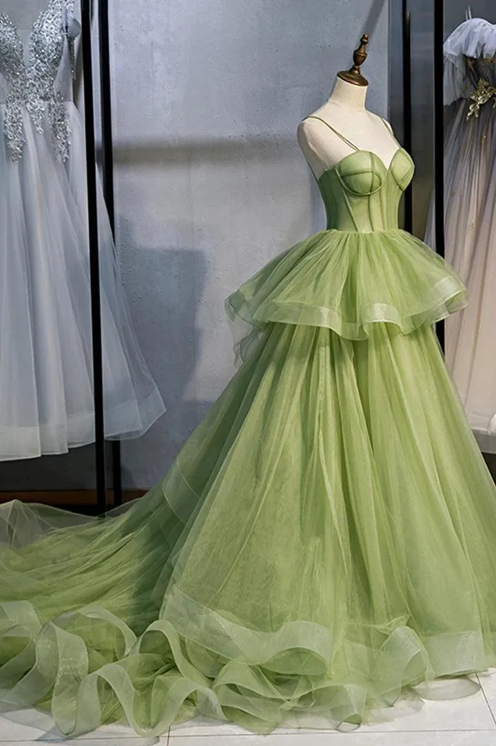 Green Tulle Long Prom Dresses A-Line Evening Dresses with Train  PSK418