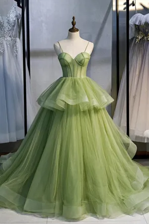 Green Tulle Long Prom Dresses A-Line Evening Dresses with Train  PSK418