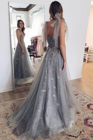 Grey Tulle Appliques Long Prom dress Formal Dress With Lace Up PSK301