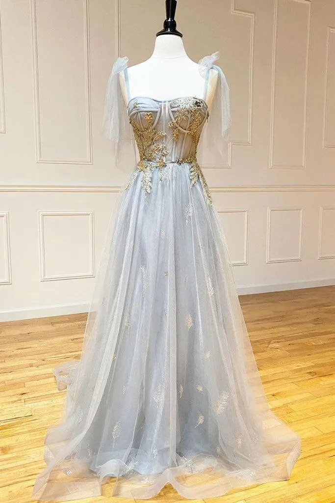 Grey Tulle Appliques Long Prom dress Formal Dress With Lace Up PSK301