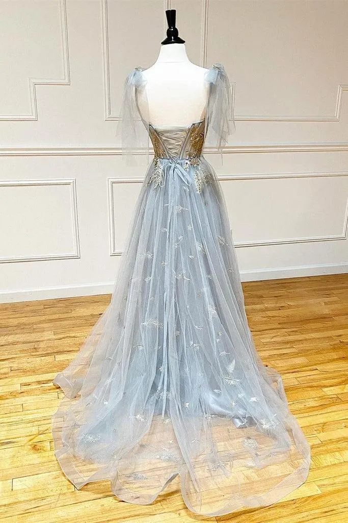 Grey Tulle Appliques Long Prom dress Formal Dress With Lace Up PSK301