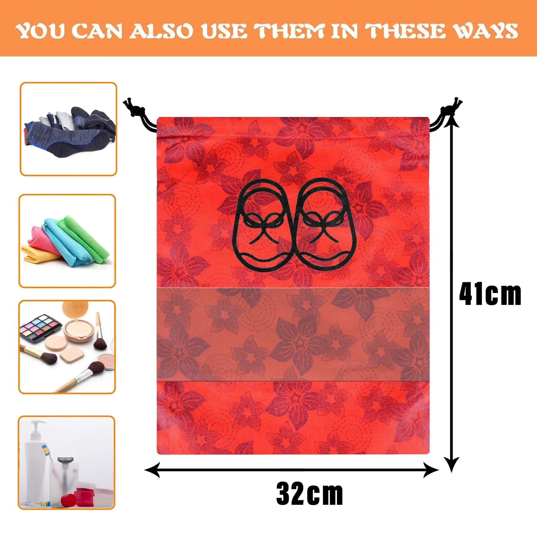 Heart Home Shoe Cover | Travel Shoe Storage Bags | Non-Woven Storage Bags | Shoe Cover with Drawstring | Shoe Organizer with Clear window | Flower-Design | Pack of 24 | Red