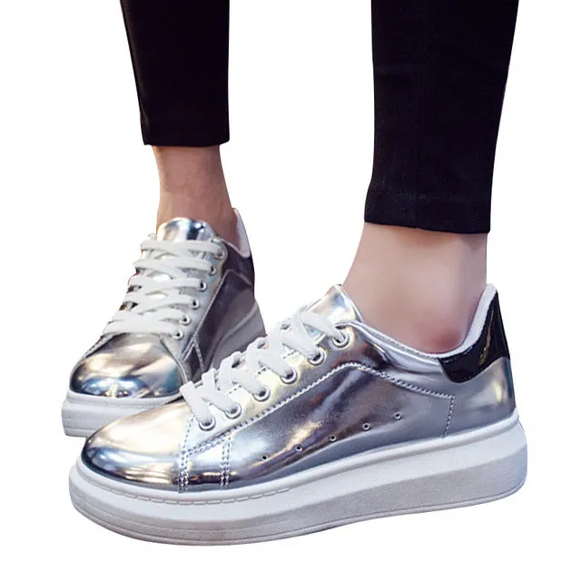 HEE GRAND Patent Leather Creepers Platform Shoes Woman 2017 Casual Loafers Gold Silver Flats Lace-Up Women Shoes XWC1010