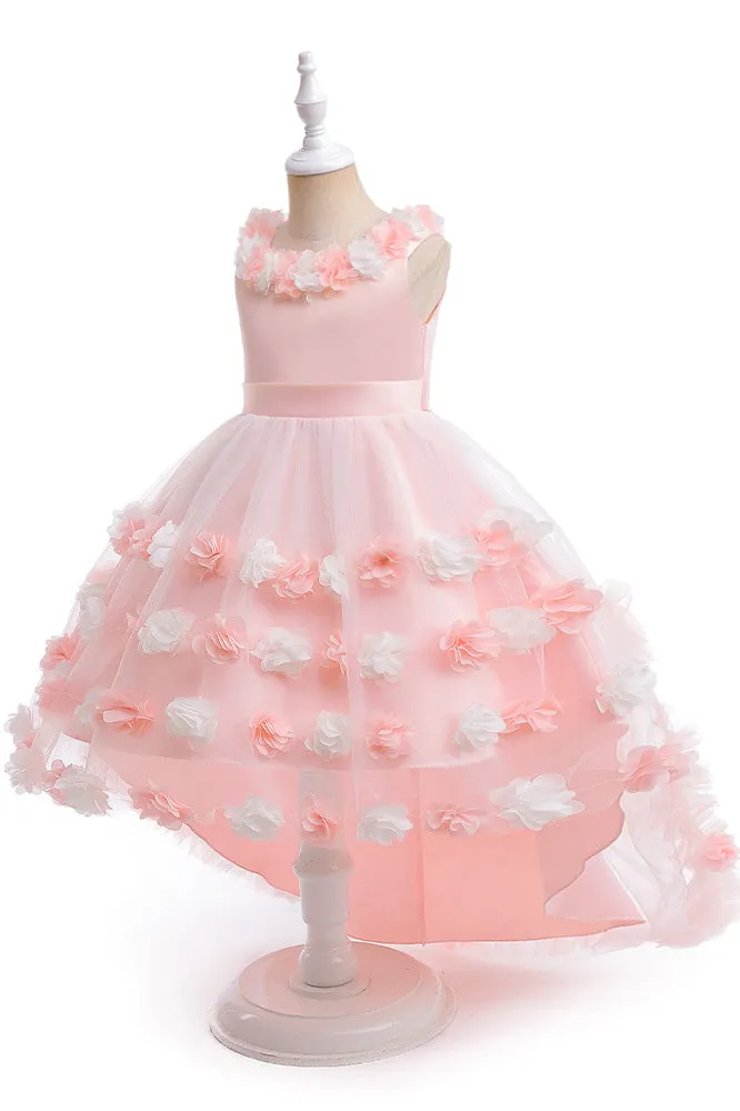 High Low Sleeveless Tulle Flower Girl Dress with Flowers, Princess Children Dress UQF0005