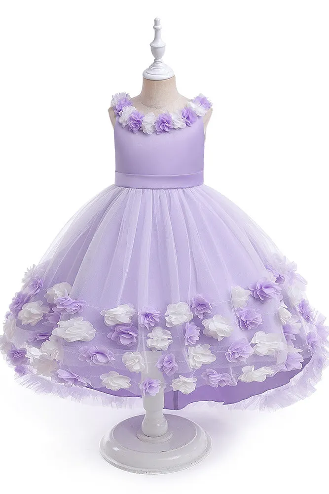 High Low Sleeveless Tulle Flower Girl Dress with Flowers, Princess Children Dress UQF0005