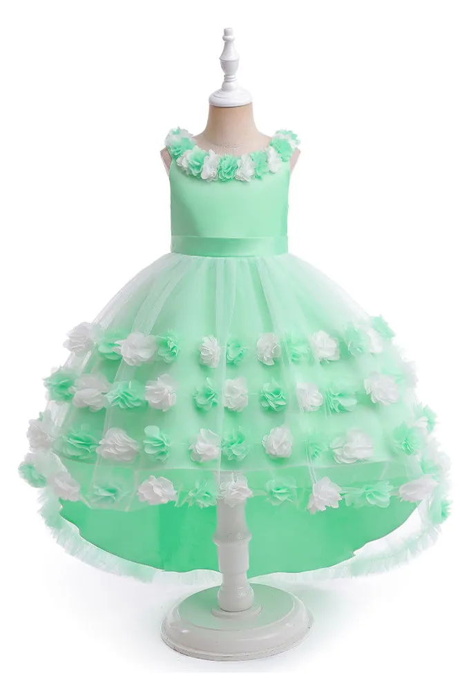 High Low Sleeveless Tulle Flower Girl Dress with Flowers, Princess Children Dress UQF0005